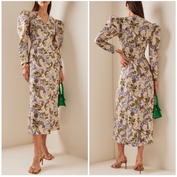 Alemais Phillipa Floral Long Puff Sleeve Linen Midi Dress - Picture 1 of 10
